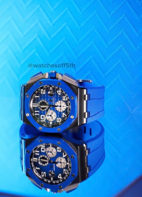 Audemars Piguet Royal Oak Offshore Selfwinding Chronograph/ Stainless Steel/ Blue Strap/ Blue Dial / White Sub-Dials/ Blue Ceramic Bezel (Ref#26405CE.OO.A030CA.01) - Image 4