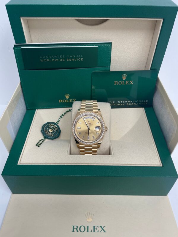 Rolex Yellow Gold Day-Date 40 Watch - Yellow Gold Bezel - Champagne Baguette Diamond Dial - President Bracelet ( Ref# 228348RBR) - Image 3