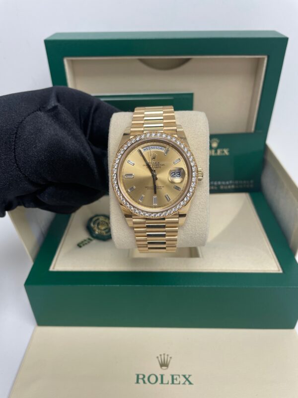 Rolex Yellow Gold Day-Date 40 Watch - Yellow Gold Bezel - Champagne Baguette Diamond Dial - President Bracelet ( Ref# 228348RBR) - Image 10