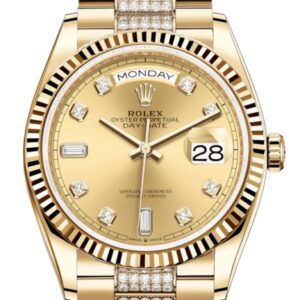 Rolex Yellow Gold Day-Date 36 Watch - Fluted Bezel - Champagne Diamond Dial - Diamond President Bracelet