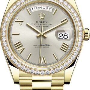 Rolex Yellow Gold Day-Date 40 Watch - Bezel - Silver Bevelled Roman Dial - President Bracelet (Ref # 228348RBR)