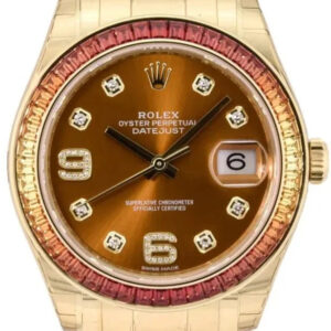 Rolex Yellow Gold Orange Diamond Dial and Diamond Bezel Pearlmaster Datejust (Reference # 86348SAJOR)