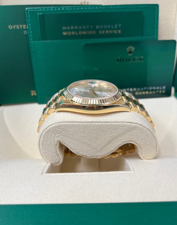 Rolex Day-Date 40 Yellow Gold Silver Roman Dial Fluted Bezel (Ref # 228238) - Image 5