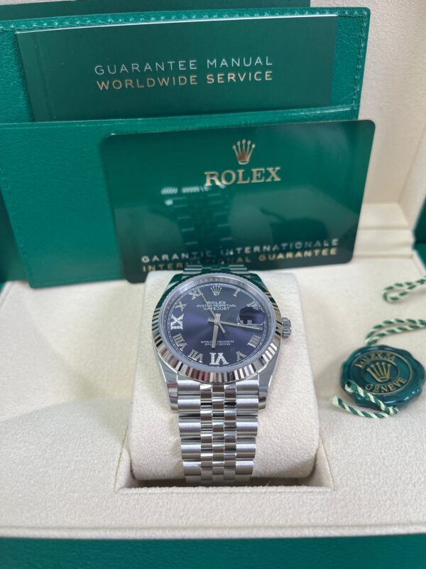 Rolex Datejust 36 Fluted Bezel Aubergine Purple Diamond Roman VI and IX Dial Jubilee Bracelet (Ref# 126234) - Image 4