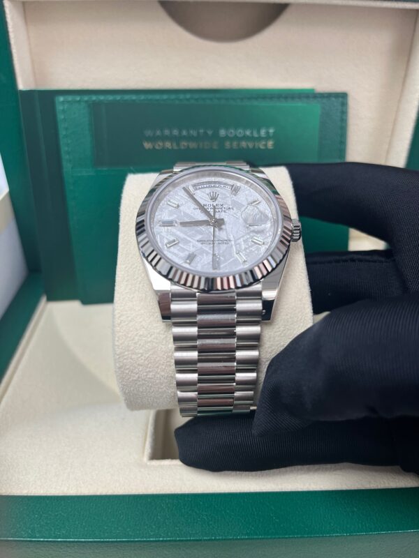 Rolex Day-Date 40mm Meteorite Baguette Dial White Gold Fluted Bezel Reference # 228239 - Image 13