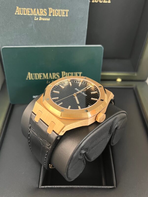 Audemars Piguet Royal Oak Selfwinding/ Rose Gold/ Black Dial/ Black Leather Strap (Ref#15500OR.OO.D002CR.01) - Image 11