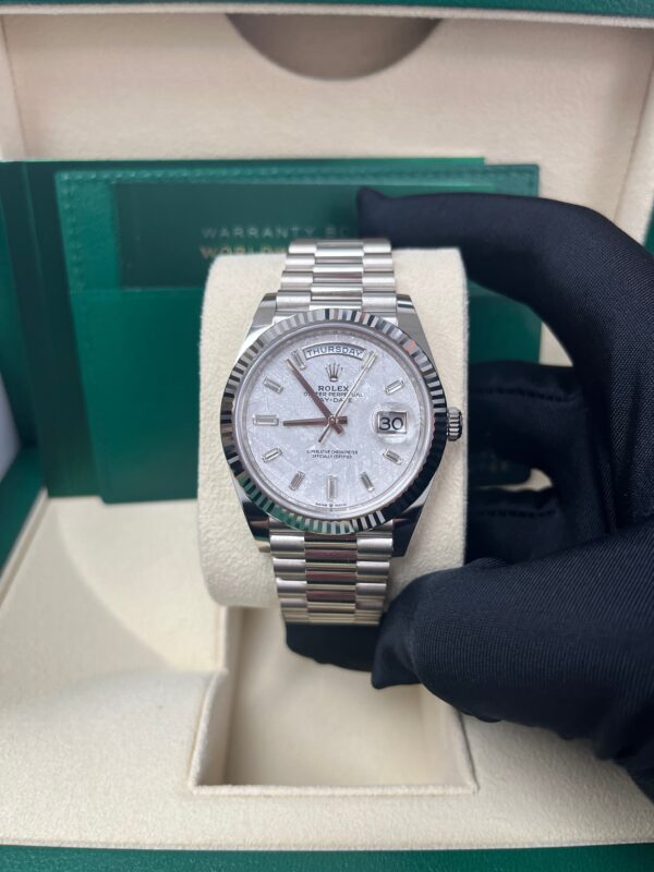 Rolex Day-Date 40mm Meteorite Baguette Dial White Gold Fluted Bezel Reference # 228239 - Image 10