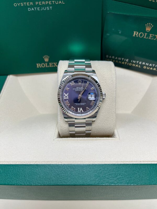 Rolex Datejust 36 Fluted Bezel Aubergine Purple Diamond Roman VI and IX Dial Oyster Bracelet (Ref# 126234) - Image 6