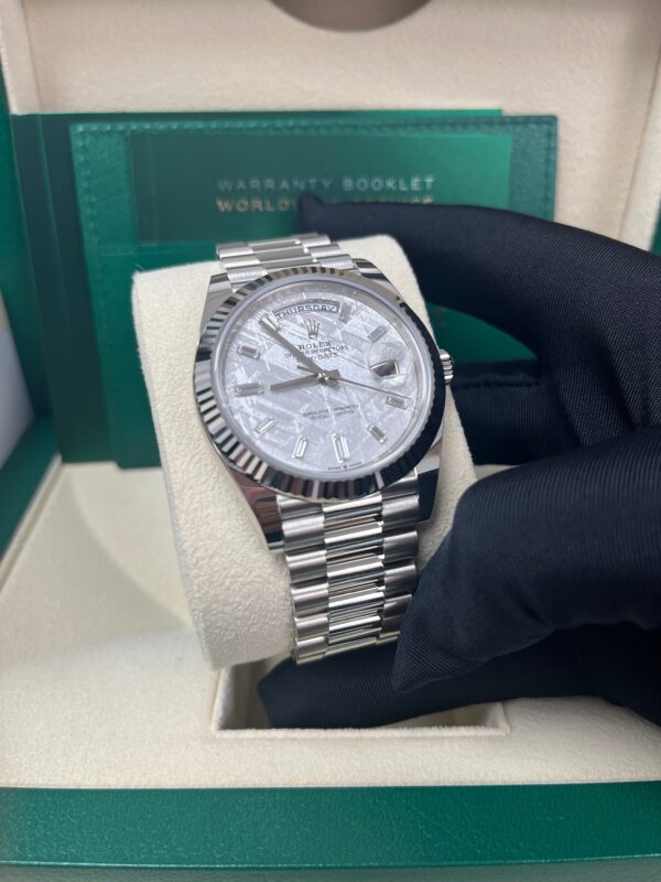 Rolex Day-Date 40mm Meteorite Baguette Dial White Gold Fluted Bezel Reference # 228239 - Image 11