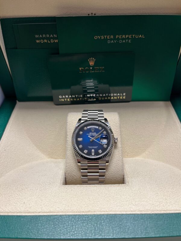 Rolex White Gold Day-Date 36 Watch - Fluted Bezel - Blue Ombre´ Diamond Dial - President Bracelet (Ref # 128239) - Image 3
