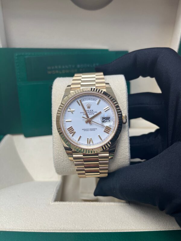 Rolex Day-Date 40 Yellow Gold White Roman Dial Fluted Bezel (Ref# 228238) - Image 3