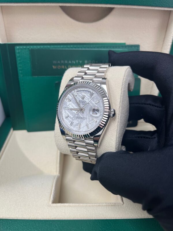Rolex Day-Date 40mm Meteorite Baguette Dial White Gold Fluted Bezel Reference # 228239 - Image 12