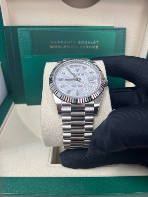 Rolex Day-Date 40mm Meteorite Baguette Dial White Gold Fluted Bezel Reference # 228239 - Image 4