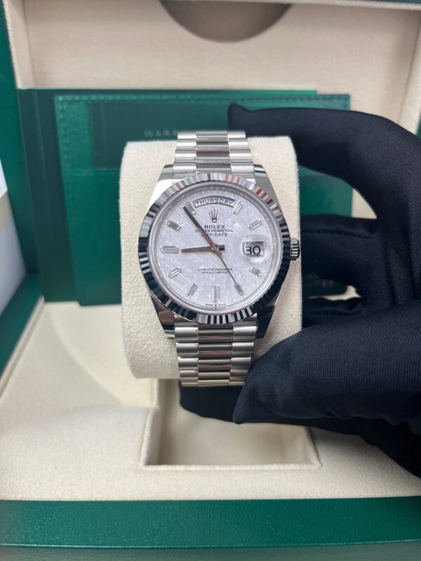Rolex Day-Date 40mm Meteorite Baguette Dial White Gold Fluted Bezel Reference # 228239 - Image 3