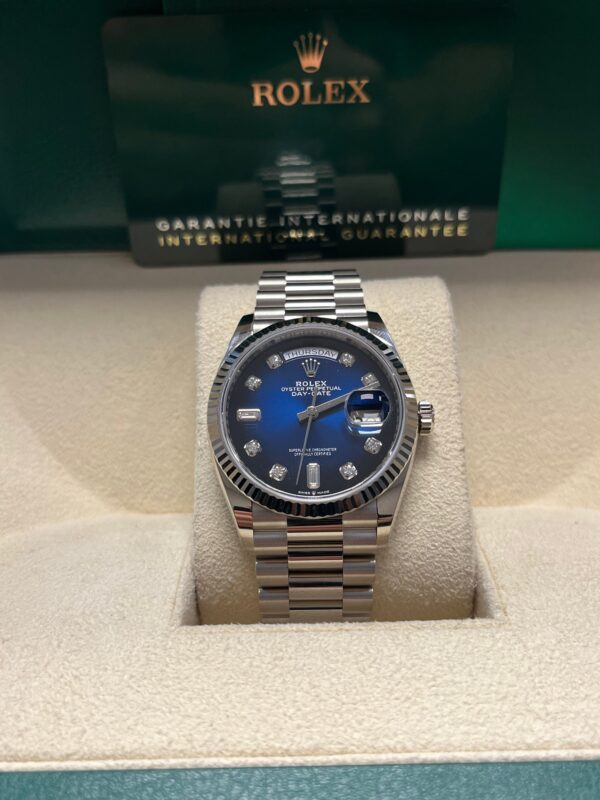 Rolex White Gold Day-Date 36 Watch - Fluted Bezel - Blue Ombre´ Diamond Dial - President Bracelet (Ref # 128239) - Image 2