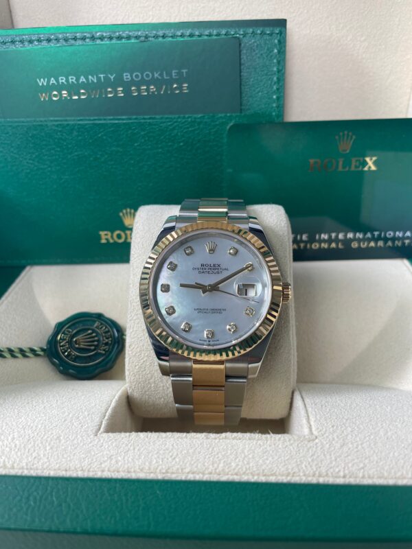 Rolex Datejust 41 Yellow Gold & Steel Fluted Bezel White Mother Of Pearl Diamond Dial Oyster (Ref # 126333) - Image 4