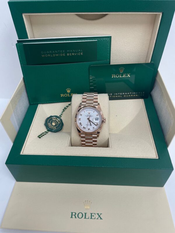 Rolex Everose Gold Day-Date 36 Watch - Fluted Bezel - White Roman Dial - President Bracelet Ref# 128235 - Image 3