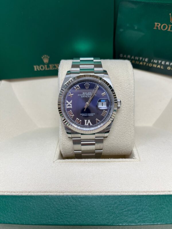 Rolex Datejust 36 Fluted Bezel Aubergine Purple Diamond Roman VI and IX Dial Oyster Bracelet (Ref# 126234) - Image 4