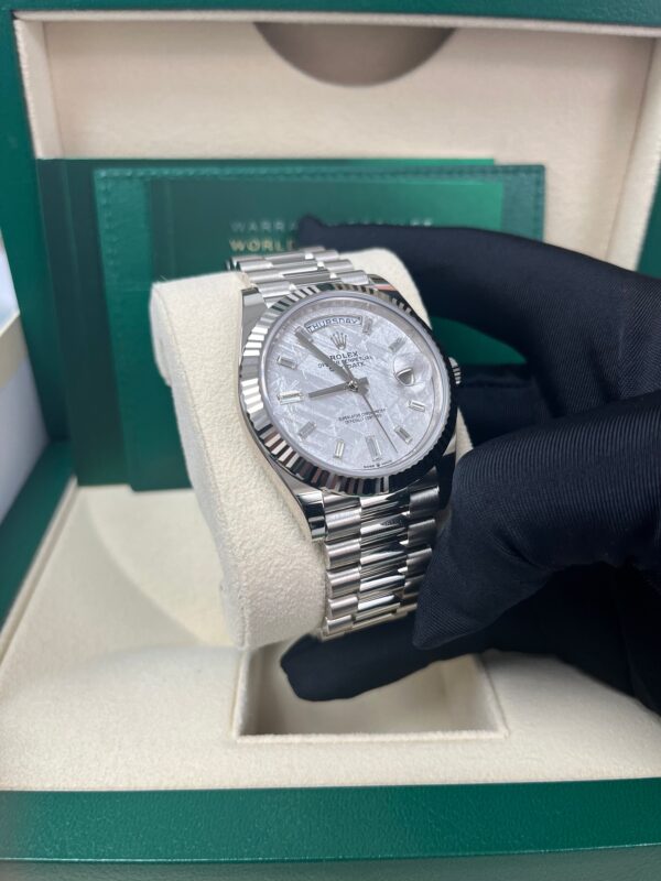 Rolex Day-Date 40mm Meteorite Baguette Dial White Gold Fluted Bezel Reference # 228239 - Image 2