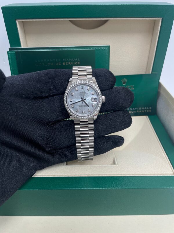 Rolex White Gold Datejust 31 Watch - Diamond Bezel - Mother-Of-Pearl Diamond Dial - President Bracelet (Reference #278289rbr) - Image 2