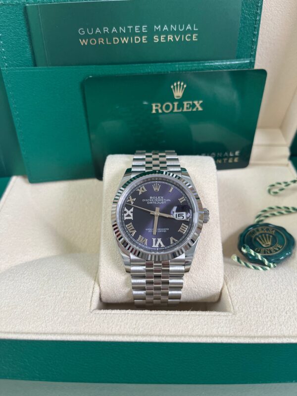 Rolex Datejust 36 Fluted Bezel Aubergine Purple Diamond Roman VI and IX Dial Jubilee Bracelet (Ref# 126234) - Image 6