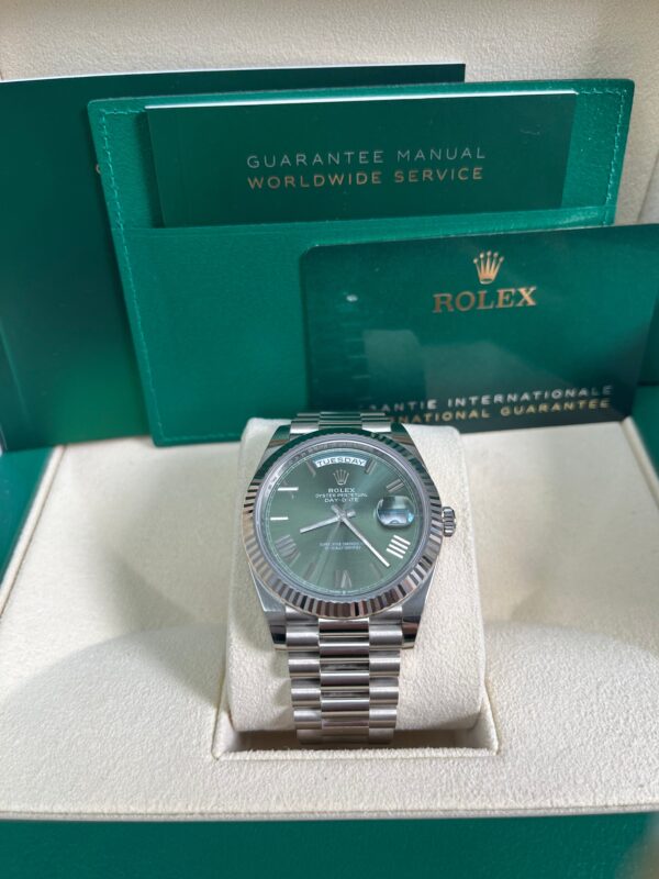 Rolex White Gold Day-Date 40 Watch - Fluted Bezel - Olive Green Bevelled Roman Dial - President Bracelet (Ref# 228239) - Image 2