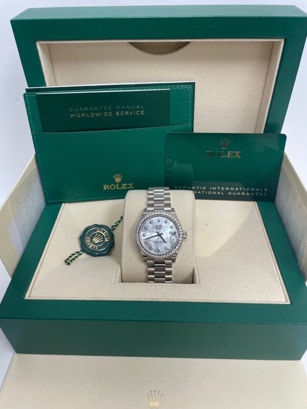 Rolex White Gold Datejust 31 Watch - Diamond Bezel - Mother-Of-Pearl Diamond Dial - President Bracelet (Reference #278289rbr) - Image 6