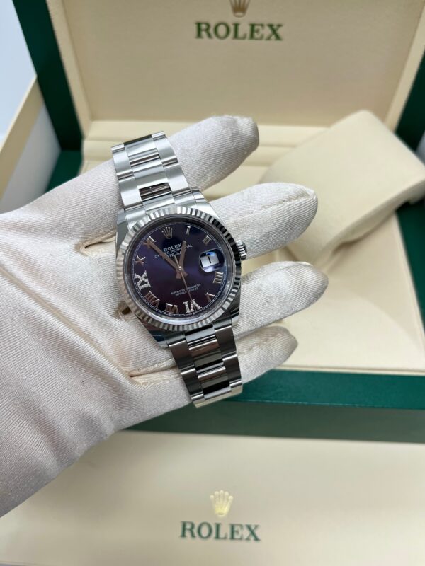 Rolex Datejust 36 Fluted Bezel Aubergine Purple Diamond Roman VI and IX Dial Oyster Bracelet (Ref# 126234) - Image 5
