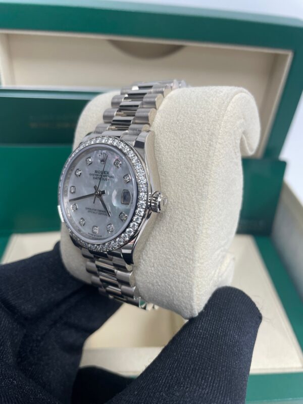 Rolex White Gold Datejust 31 Watch - Diamond Bezel - Mother-Of-Pearl Diamond Dial - President Bracelet (Reference #278289rbr) - Image 10