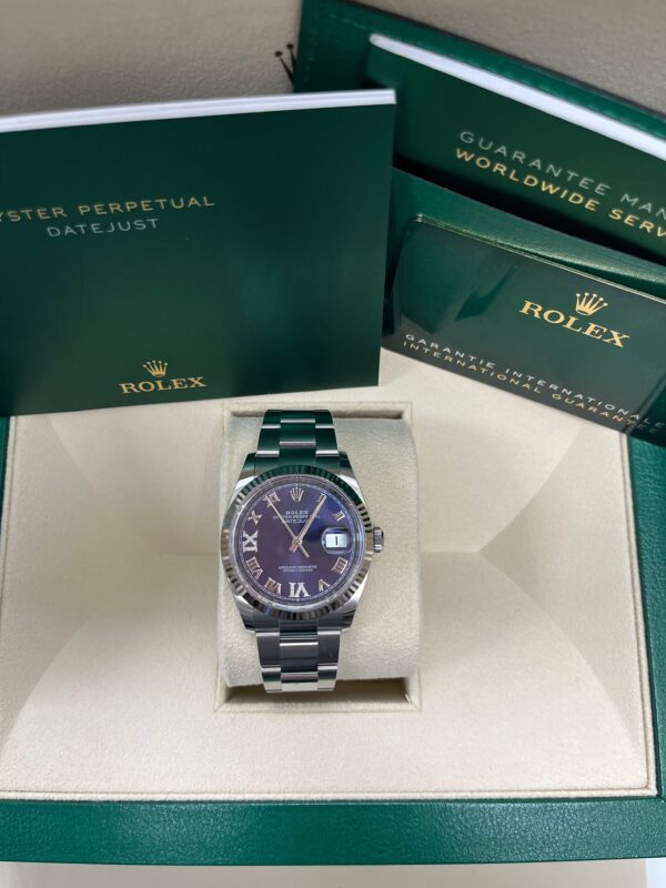 Rolex Datejust 36 Fluted Bezel Aubergine Purple Diamond Roman VI and IX Dial Oyster Bracelet (Ref# 126234) - Image 3