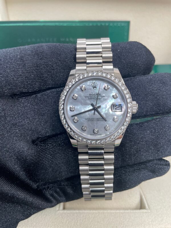 Rolex White Gold Datejust 31 Watch - Diamond Bezel - Mother-Of-Pearl Diamond Dial - President Bracelet (Reference #278289rbr) - Image 8