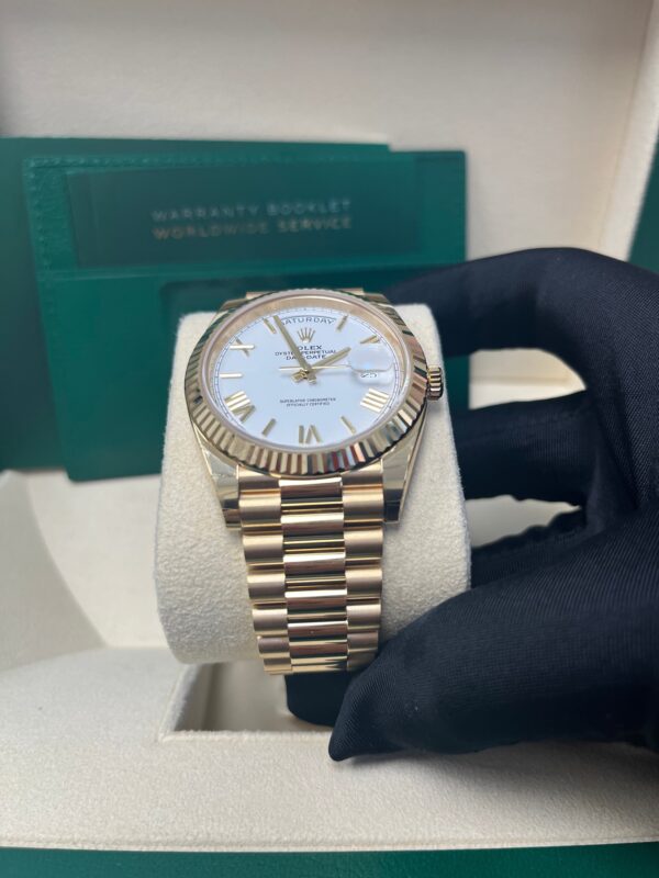 Rolex Day-Date 40 Yellow Gold White Roman Dial Fluted Bezel (Ref# 228238) - Image 2