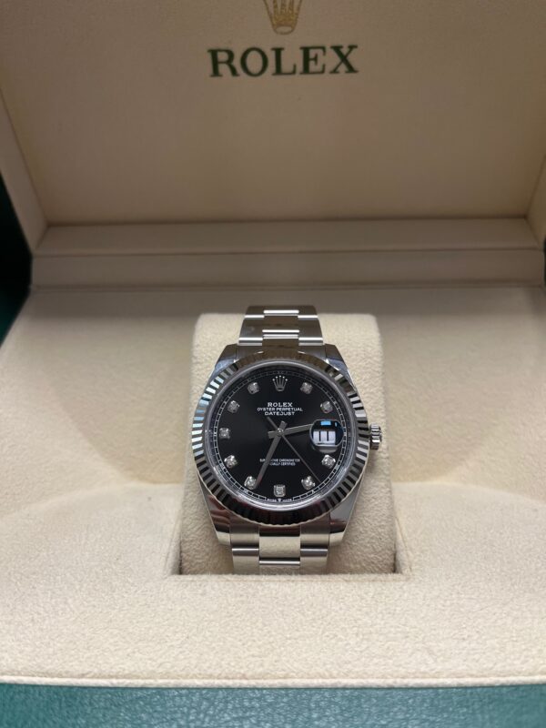 Rolex Steel and White Gold Rolesor Datejust 41 Watch - Fluted Bezel - Black Diamond Dial - Oyster Bracelet 126334 - Image 2