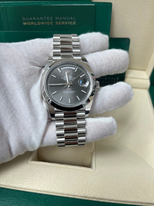 Rolex Day-Date 40mm Platinum/ Grey Dial Smooth Bezel Index Dial (Reference 228206) - Image 2