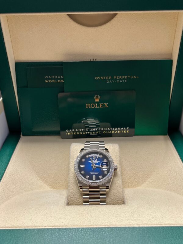 Rolex Day-Date 36/ Blue Ombre Dial/ Diamond Bezel/ White Gold President Bracelet (Ref # 128349RBR) - Image 4