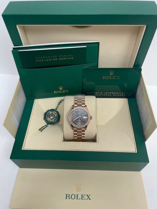 Rolex Everose Gold Datejust 31 Watch - Diamond Bezel - Rhodium Diamond Six Dial - President Bracelet  (Reference # 278285RBR) - Image 2
