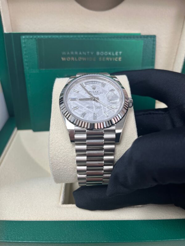 Rolex Day-Date 40mm Meteorite Baguette Dial White Gold Fluted Bezel Reference # 228239 - Image 5