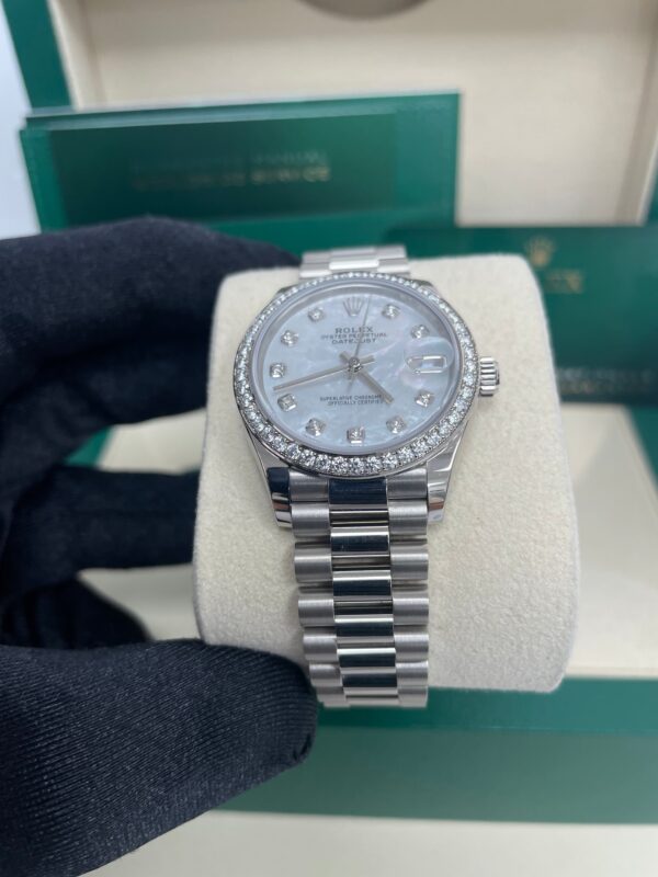 Rolex White Gold Datejust 31 Watch - Diamond Bezel - Mother-Of-Pearl Diamond Dial - President Bracelet (Reference #278289rbr) - Image 9