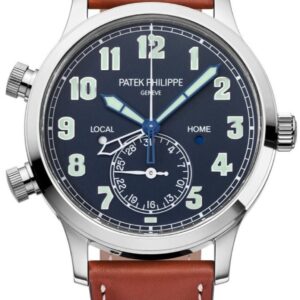 Patek Philippe Complication Calatrava Pilot Travel Time/ White Gold/ Blue Dial/ Brown Leather Strap (Ref# 5524G-001)