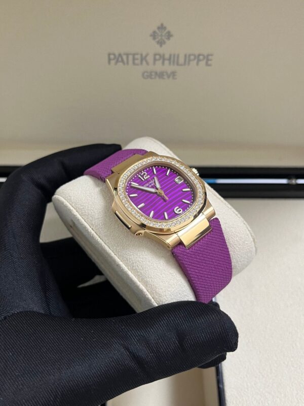 Patek Philippe Nautilus 32mm Diamond Bezel Rose Gold Purple Wave Dial 7010R-013 - Image 2
