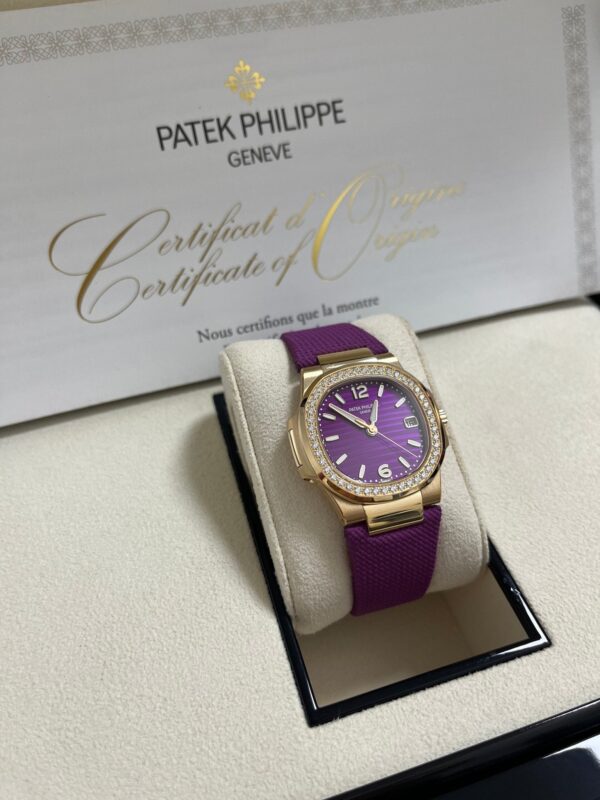 Patek Philippe Nautilus 32mm Diamond Bezel Rose Gold Purple Wave Dial 7010R-013 - Image 11