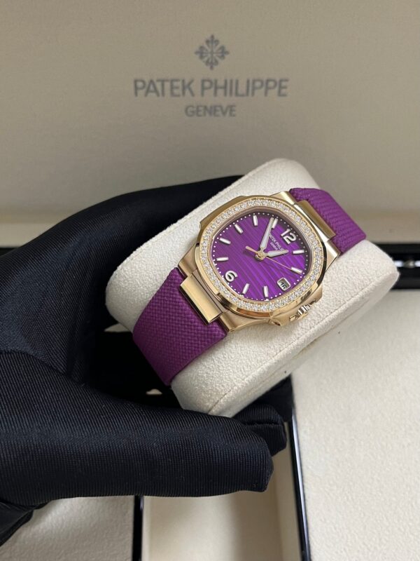 Patek Philippe Nautilus 32mm Diamond Bezel Rose Gold Purple Wave Dial 7010R-013 - Image 7