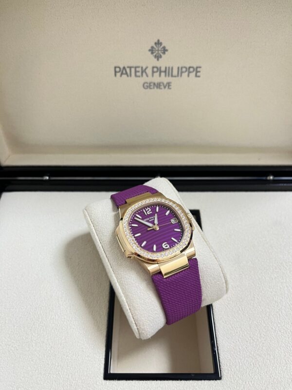 Patek Philippe Nautilus 32mm Diamond Bezel Rose Gold Purple Wave Dial 7010R-013 - Image 15