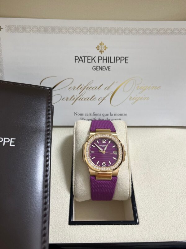 Patek Philippe Nautilus 32mm Diamond Bezel Rose Gold Purple Wave Dial 7010R-013 - Image 10