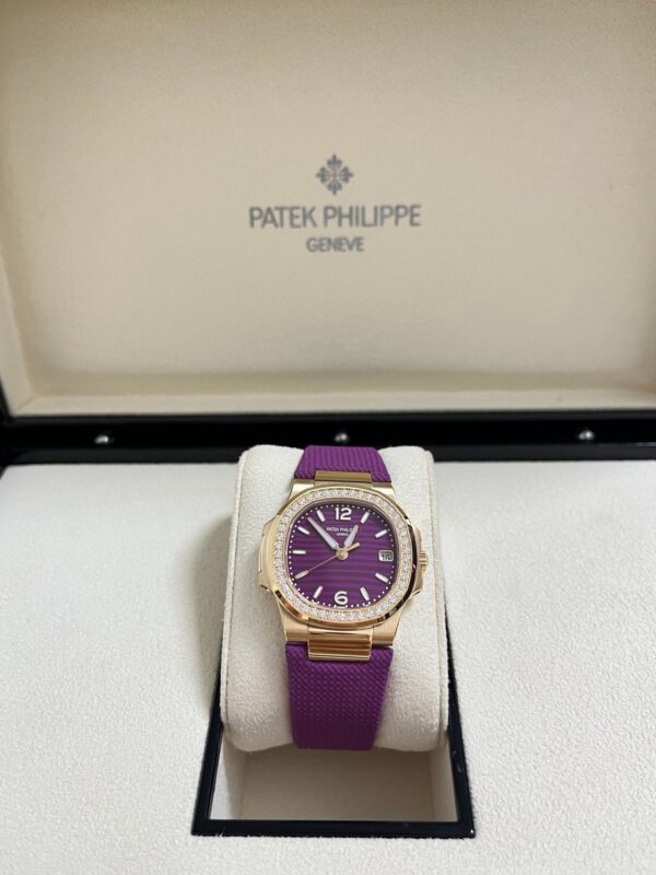 Patek Philippe Nautilus 32mm Diamond Bezel Rose Gold Purple Wave Dial 7010R-013 - Image 13