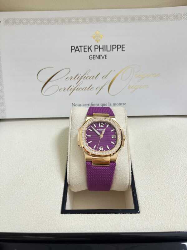 Patek Philippe Nautilus 32mm Diamond Bezel Rose Gold Purple Wave Dial 7010R-013 - Image 14