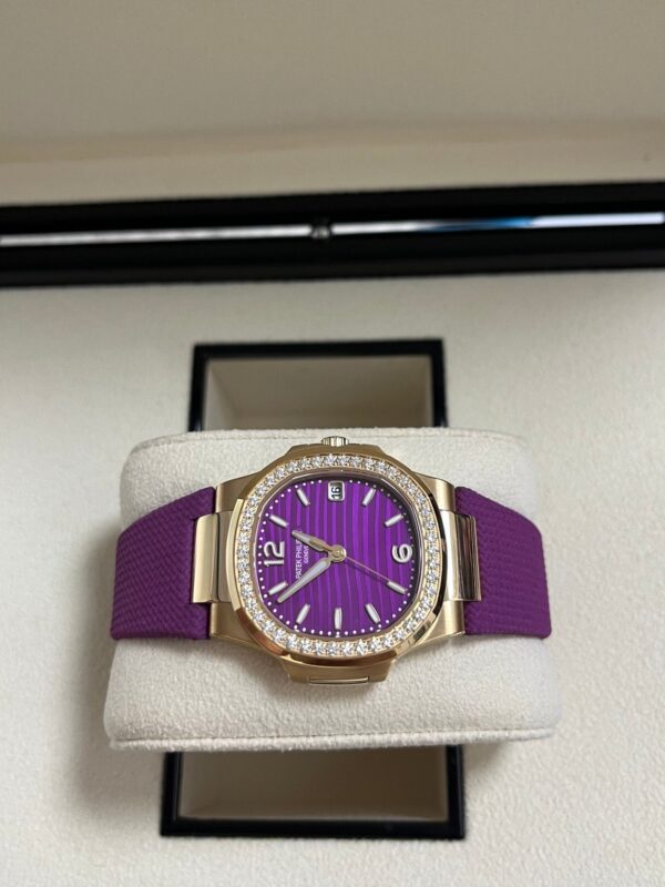 Patek Philippe Nautilus 32mm Diamond Bezel Rose Gold Purple Wave Dial 7010R-013 - Image 3