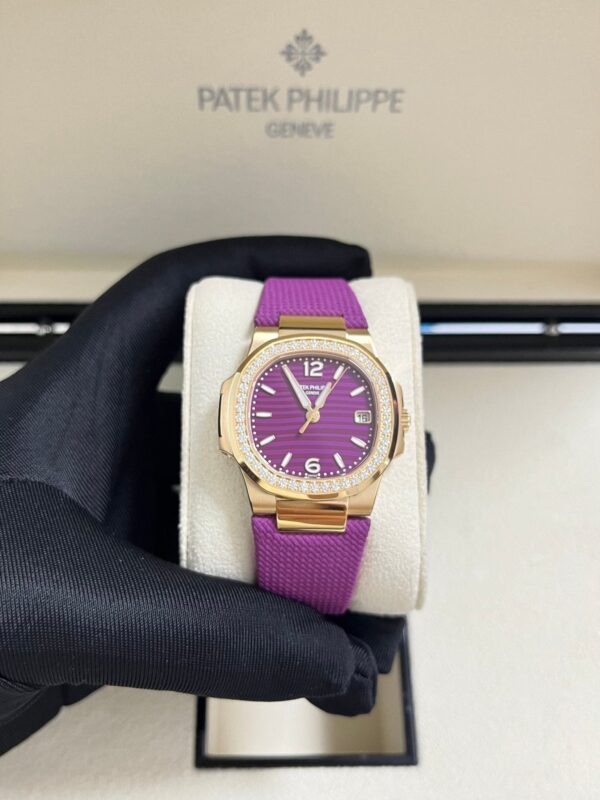 Patek Philippe Nautilus 32mm Diamond Bezel Rose Gold Purple Wave Dial 7010R-013 - Image 9