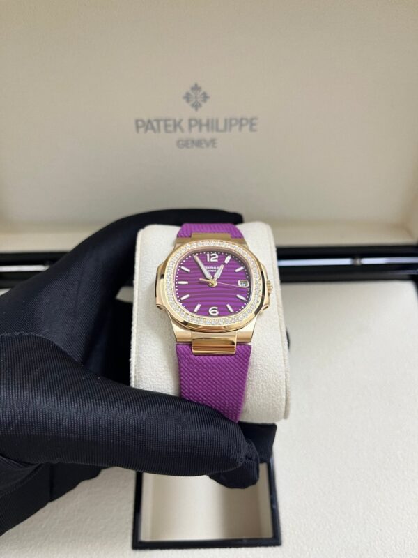 Patek Philippe Nautilus 32mm Diamond Bezel Rose Gold Purple Wave Dial 7010R-013 - Image 8