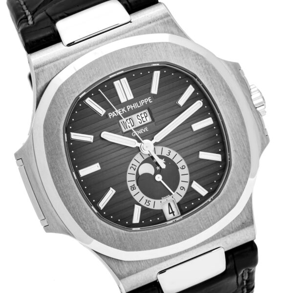 Patek Philippe Nautilus Stainless Steel Moon Phase Black Leather Strap (Ref#5726A-001) - Image 10